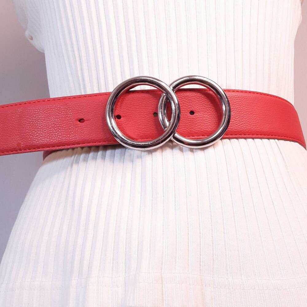 💎Express Red Synthetic Leather Belt XS Waist Double Circle Silver Tone Buckle